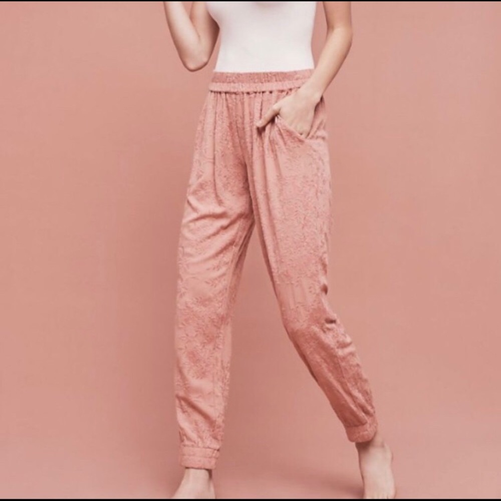 Pink Anthropologie Embroidered Joggers